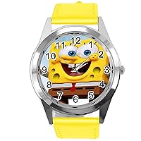 Yellow Leather Round Watch for Yellow Sponge Fans e3, yellow, Strap.
