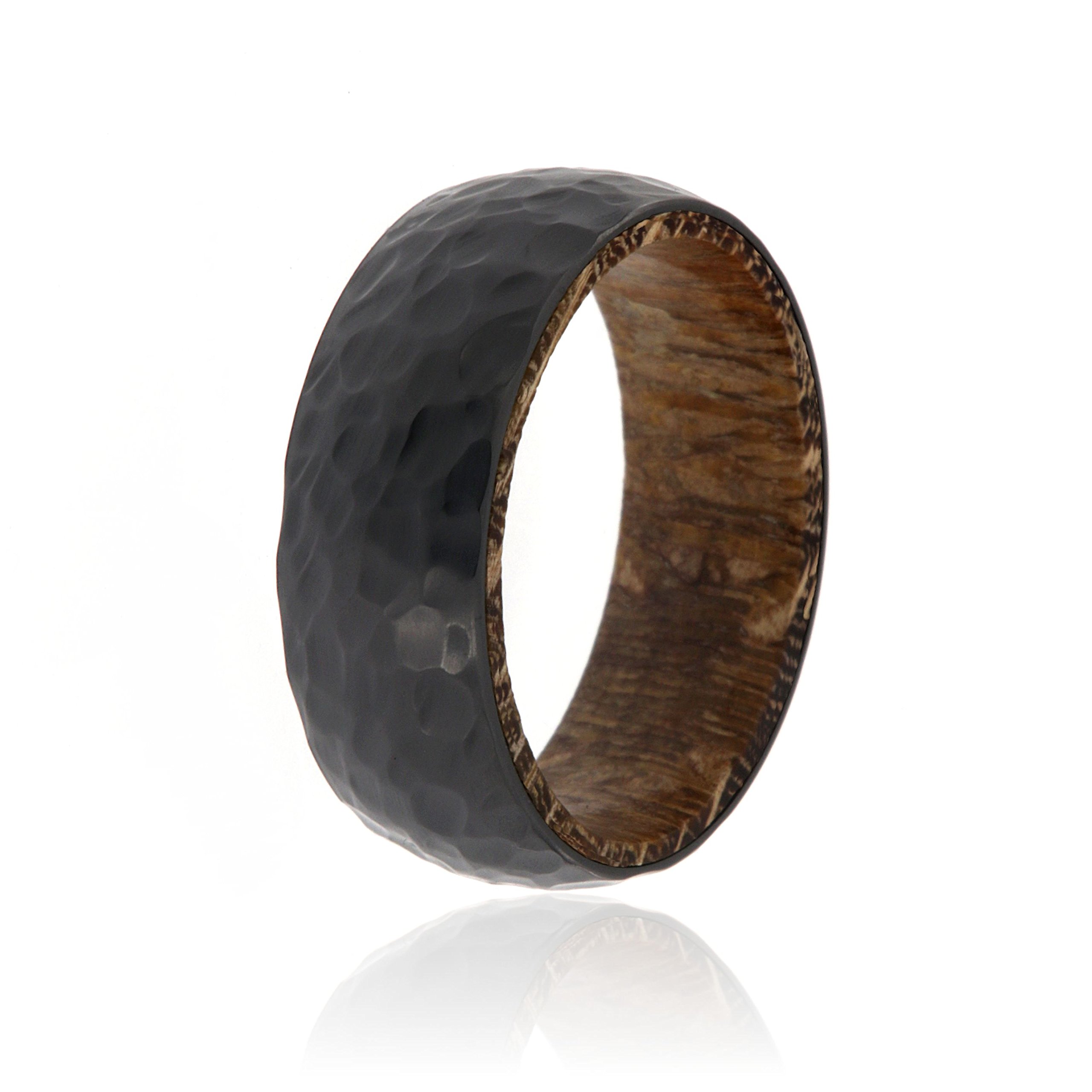 Black Zirconium Ring With Leopard Wood Sleeve And Premium Hammered Finish 8mm Wide Ring - USA Made Custom Jewelry And Bands