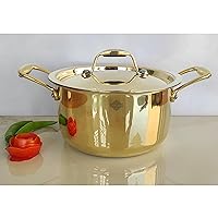 Indian Art Villa pure brass with tin Lining & Gold Finish Pot with Lid & Handle, Cookware, Brass Utensils, Ideal for culinary experiences, Diameter-7.5 Inches