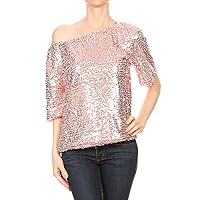 Anna-Kaci Womens Short Sleeve One Shoulder Sexy Sequin Top Blouse, Pink, Large