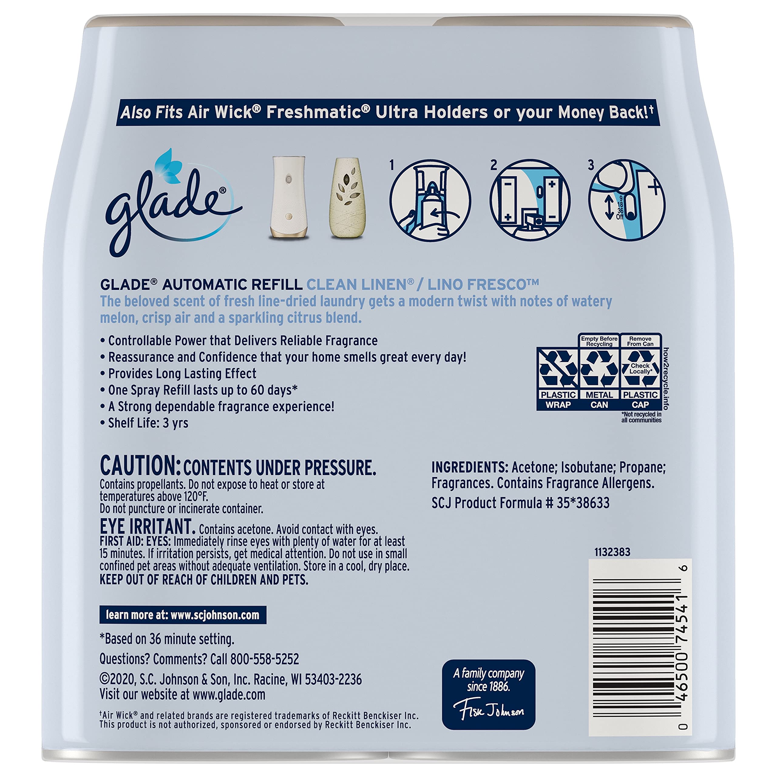 Glade Automatic Spray Refill, Air Freshener for Home and Bathroom, Clean Linen, 6.2 Oz, 2 Count