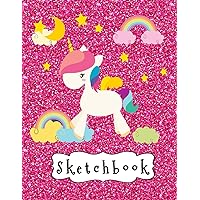Sketchbook: Cute White Unicorn & Rainbow On Pink Glitter Effect Background, Large Blank Sketchbook For Girls, 110 Pages, 8.5