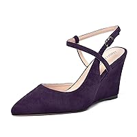 Womens Solid Pointed Toe Buckle Bridal Ankle Strap Sexy Suede Wedge High Heel Pumps Shoes 3.3 Inch