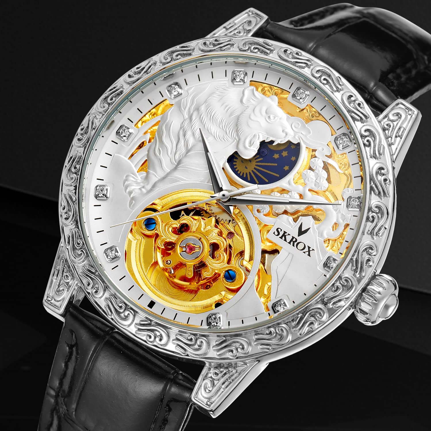 FORSINING Herren Uhren Luxus Skelett Mondphase Automatische Selbstaufziehende Uhren mit echtem Lederband