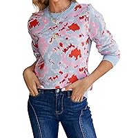 Miessial Women's Fall Crew Neck Pullover Sweater Cute Long Puff Sleeve Chunky Knit Sweater Pompom Jumper Top