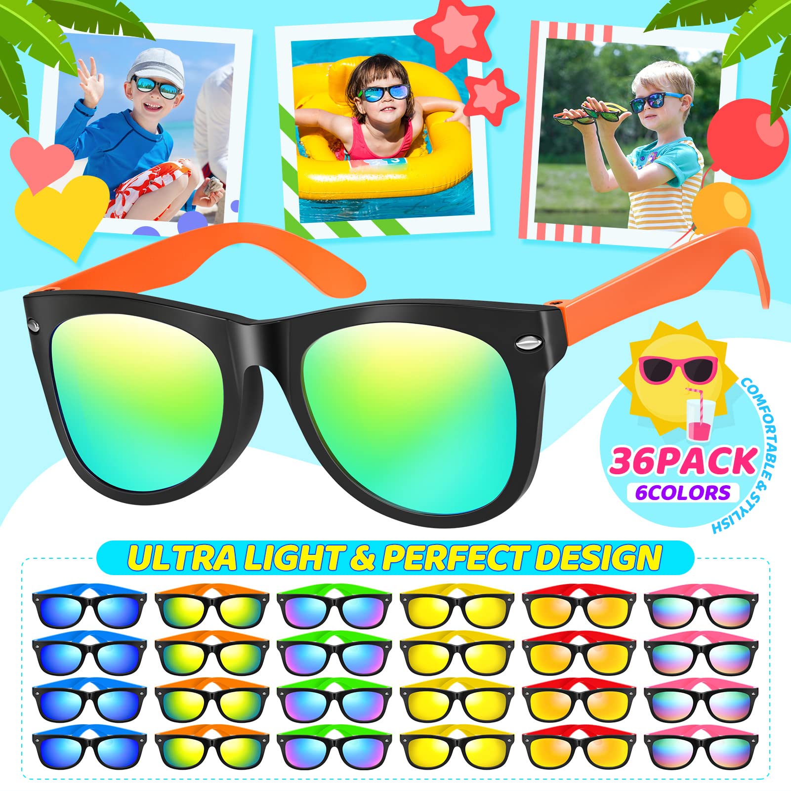 GINMIC Kids Sunglasses Bulk, 36 Pack Sunglasses Kids Party Favor, Boys and Girls, Pool Toys, Summer Toys, Party Toys, Goody Bag Stuffers, Gift for Birthday Party Supplies
