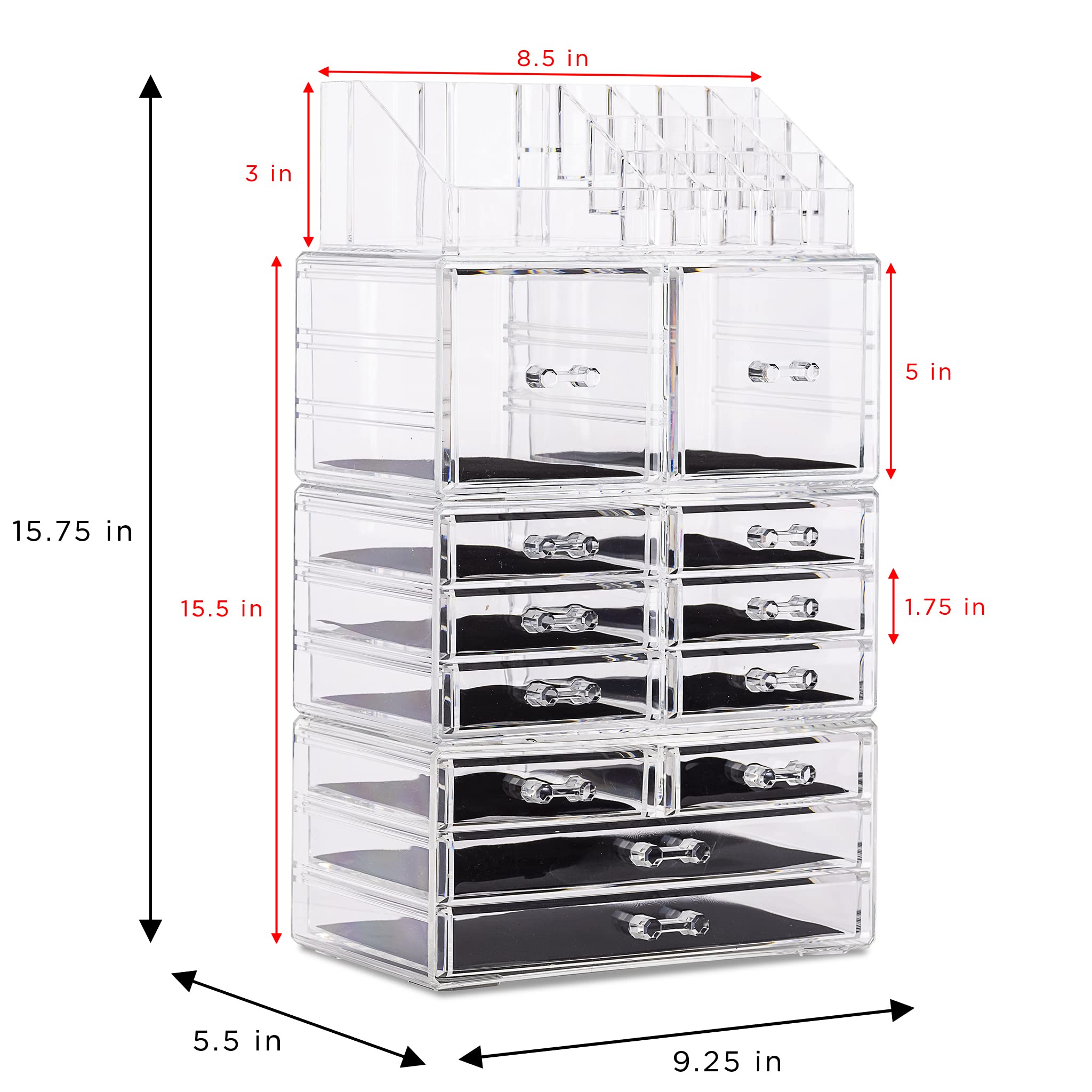Sorbus Large Clear Makeup Organizer - Detachable Spacious Cosmetic Display Tower - Jewelry & Make Up Organizers & Storage Case - Acrylic Makeup Organizer for Vanity, Bathroom, Dresser & Countertop