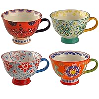 superyes Large Coffee Mugs Sets of 4, 15oz Footed Coffee Cups Set for Latte Cappuccino Hot Chocolate Soup, Hand-Painted Traditional Farmhouse Pattern