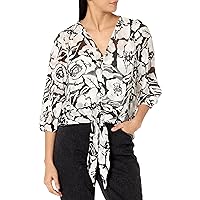 Adrianna Papell Women's Printed V-Neck Long Sleeve Top W/Tie Front