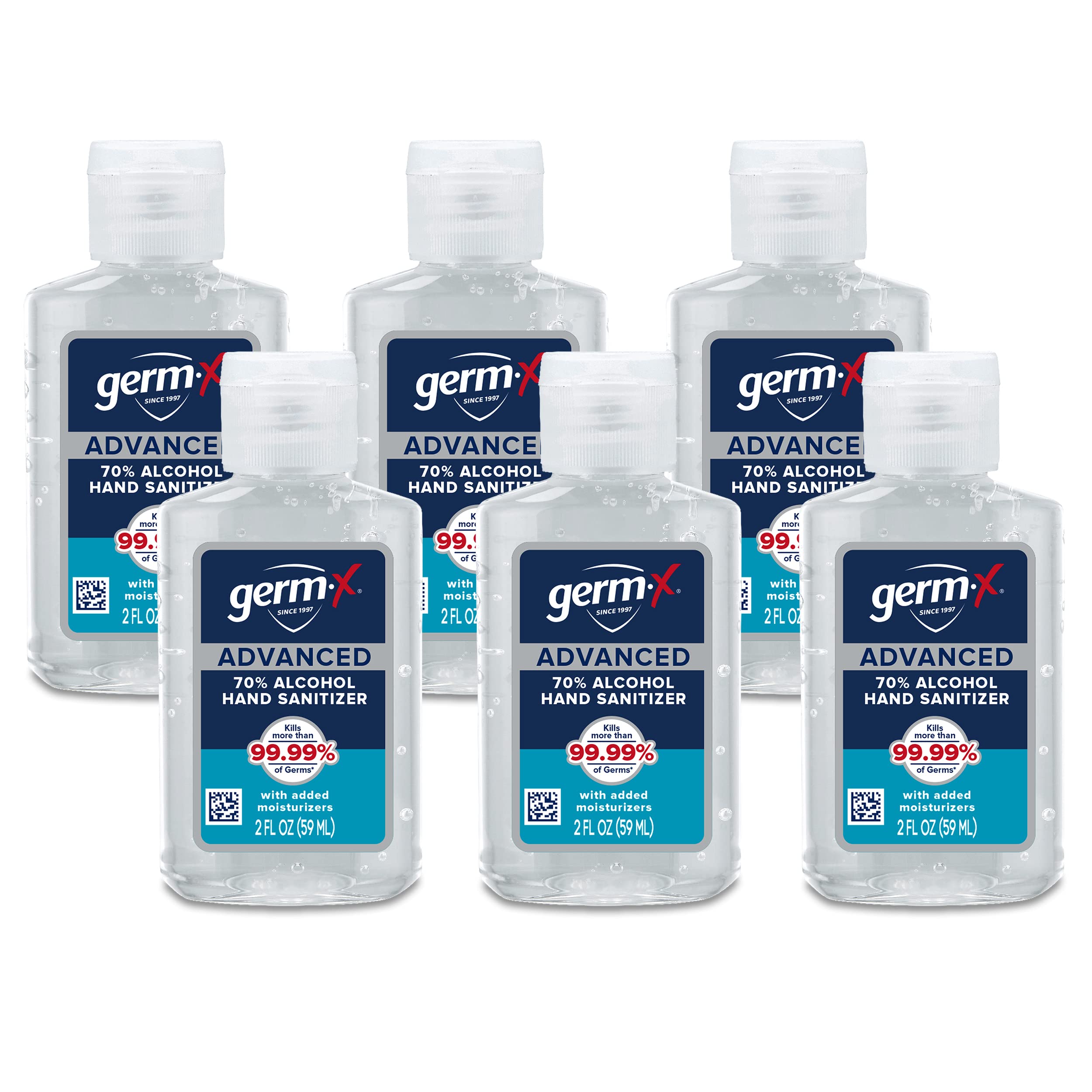 Germ-x Advanced Hand Sanitizer, Non-Drying Moisturizing Clear Gel, Instant and No Rinse Formula, Mini Travel Size for On-The-Go, 2 Fl Oz (Pack of 6)