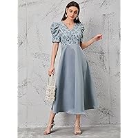 Dresses for Women - -Neck Ruched Puff Sleeve Crinkle Bodice Dress (Color : Light Grey, Size : X-Small)