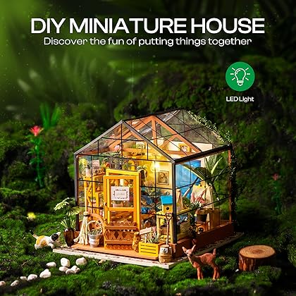 ROBOTIME DIY Dollhouse Wooden Miniature Furniture Kit Mini Green House with LED Best Birthday Gifts