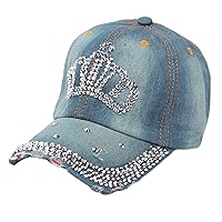 Andongnywell Crown Denim Baseball Cap Womens Bling Hats Cotton Rhinestone Baseball Hat Golf Jeans Wash Adjustable Hat