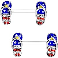 Red White Blue Accented Patriotic Flip Flop Nipple Barbell Ring Set