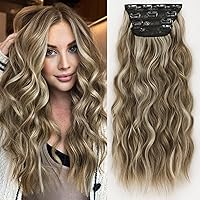 ALXNAN Clip in Long Wavy Synthetic Hair Extension 20 Inch Medium Brown Ash Blonde 4PCS Thick Hairpieces Fiber Double Weft Hair for Women