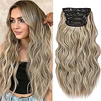 NAYOO Clip in Curly Hair Extensions 4PCS Long Wavy Synthetic Thick Hairpieces with Fiber Double Weft for Women Hair Full Head（20 inch, Brown Mixed Ash Blonde）