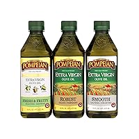Extra Virgin Olive Oil Variety Pack By Pompeian - Smooth EVOO, Gourmet Selection EVOO, Robust EVOO, First Cold Pressed, Naturally Gluten-Free, Non-Allergenic, Non-GMO, 16 Fl Oz (Pack of 3)