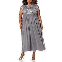 Brianna Women's Plus Size Sequin Top Cap Sleeved Gown with Mesh