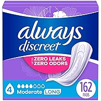 Always Discreet Adult Moderate Long Incontinence Pads, Up to 100% Leak-Free Protection 54 Count x 3 Pack (162 Count total) (Packaging May Vary)