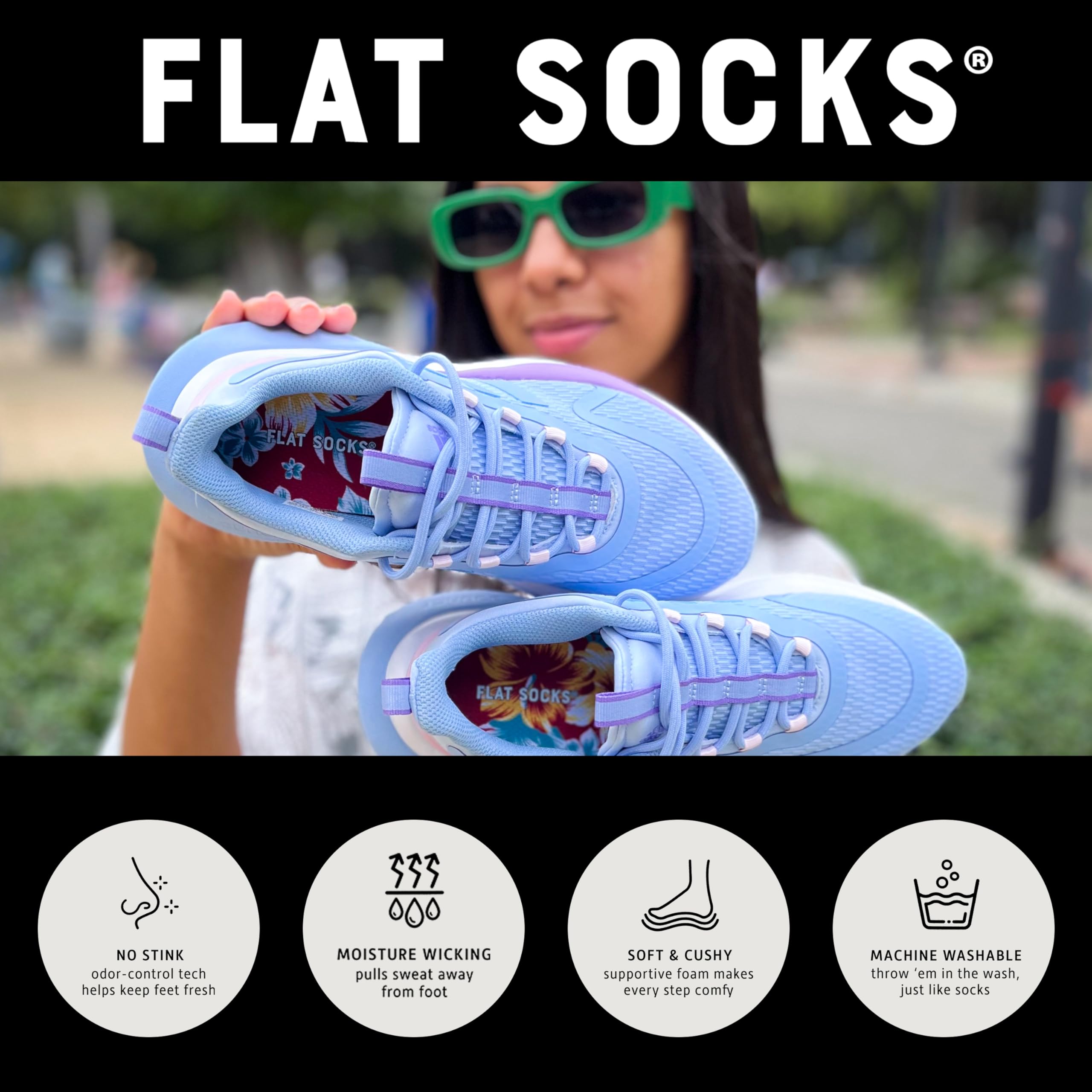 FLAT SOCKS No Show Socks, Sockless Shoe Liner, No Slipping, No Stinking, Washable Barefoot Shoe Insert, Floral Print