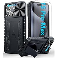FNTCASE for iPhone 15-Pro-Max Case: Military Grade Drop Proof Protective Rugged Shockproof Cell Phone Cover with Kickstand & Slide | Matte Heavy Duty Protection Tough Protector Cases 6.7'' - Black