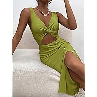 Women's Dress Twist Front Cut Out Bodycon Dress Dresses for Women (Color : Olive Green, Size : XX-Small)