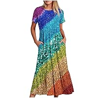 Womens Short Sleeve Crewneck Dress Casual Summer Beach Boho Dresses 2024 Pleated Tiered Long Maxi Dresses with Pocket