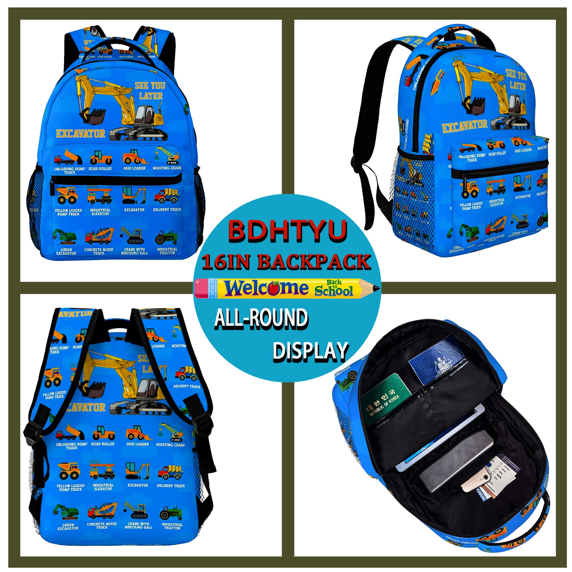 Truck Excavator Backpack for Boys Men Adjustable Strap Travel Laptop Backpack Outdoor Daypack for Men Women