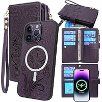 Lacass Compatible with MagSafe Case Wallet for iPhone 14 Pro Max 6.7 inch, 2 in 1 Magnetic Detachable Leather Wallet Cover with Card Holder Zipper Wrist Strap Lanyard (Floral Dark Purple)