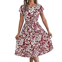 Flower Dresses for Women 2024, Womens Retro Floral Print Pleated Skirt Short Sleeved Outfits Dress, S, XL