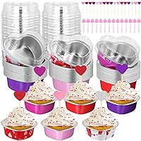 Fovths Valentine's Day Aluminum Foil Cake Pan with Lids, 3.4oz/100 ml Disposable Heart Shaped Cake Pans with Heart Spoons & Love Cupcake Topper for Valentine's Day, Mother's Day, Wedding-Set of 60