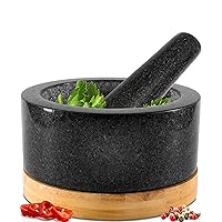 Heavy Duty Mortar and Pestle Set with Bamboo Base, Extra Large 4 Cups, 100% Natural Granite Mortar and Pestle Large Stone Grinder Bowl, Molcajete Bowl, Masher Guacamole Bowls, Polished Black