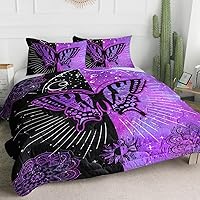 Black Purple Butterfly Bed Set for Women Girls Boho Mandala Purple Black Butterfly Quilt Twin Warm Lotus Sun Star Butterfly Comforter and 2 Pillowcases