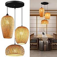 Bamboo Light Fixtures, 3 Headlights E26 E27 Retro Rustic Bamboo Wicker Rattan Chandelier Ceiling Hanging Light for Living Room Bedroom Farmhouse Restaurant Cafe Teahouse Bar Dining Room Club