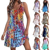 Casual Dresses for Women Summer Casual Sundress Boho Beach V Neck Floral Dress Loose Tank Mini Dresses with Pockets Navy 3X-Large