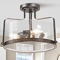 Optimant Lighting Farmhouse Semi Flush Mount Ceiling Light, 3 Light Close to Ceiling Light Fixtures with Seeded Glass for Hallway, Bedroom, Dining Room, Kitchen and Foyer, 14’’
