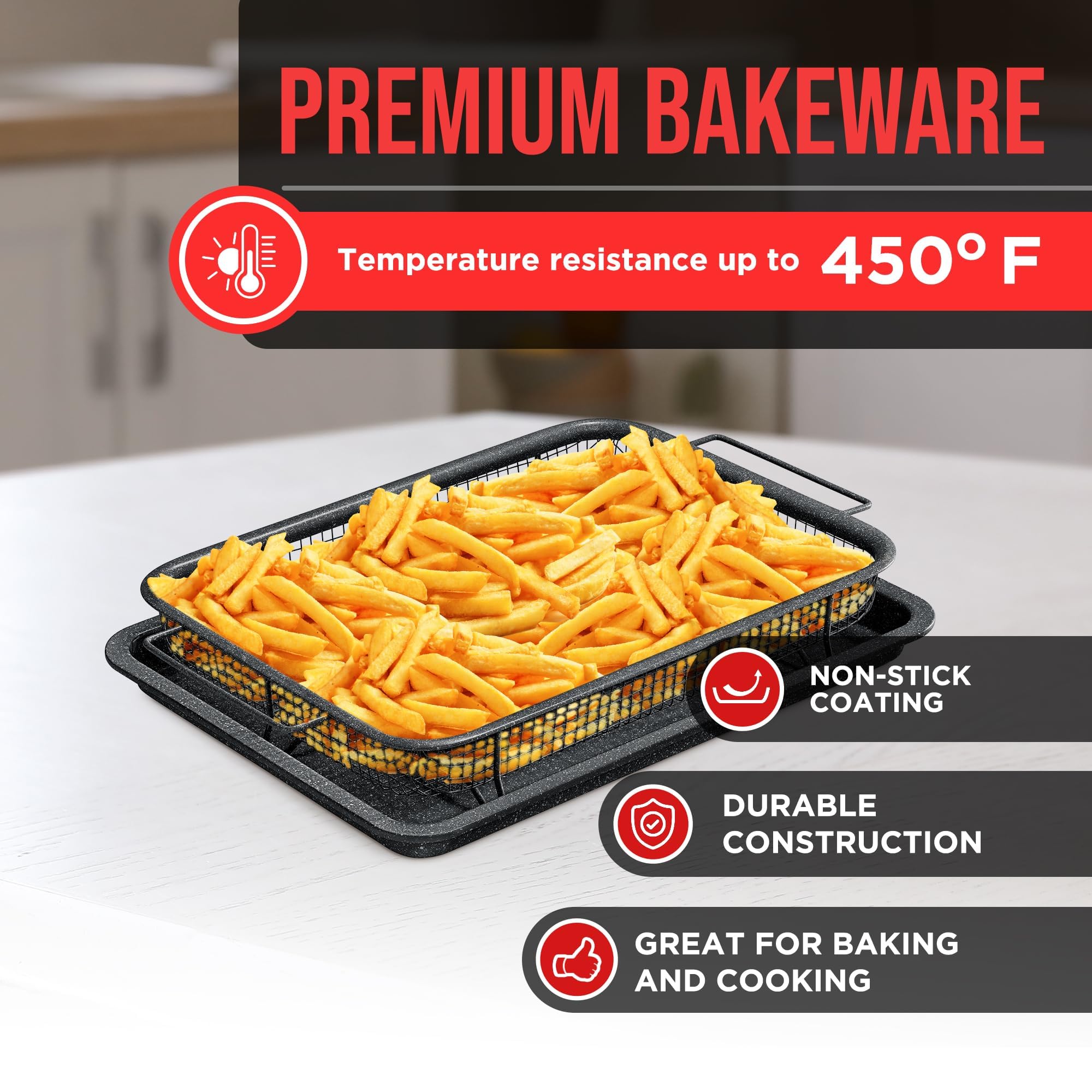 Bakken Swiss Crisper Tray - 2-Piece Set – Gray Marble, Non-Stick Basket Design for Healthier Cooking in Regular Ovens - Achieve Perfectly Crispy Chips, Bacon and More