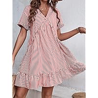 Dresses for Women Dress Women's Dress Striped Ruffle Hem Smock Dress Dress (Color : Red and White, Size : Small)