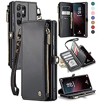 Defencase for Samsung Galaxy S23 Ultra Case, 【RFID Blocking】 for Samsung S23 Ultra Wallet Case for Women Men, PU Leather Magnetic Flip Strap Zipper Card Holder Phone Case for Galaxy S23 Ultra, Black