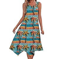 Sundress for Women 2024 Beach Dress for Women 2024 Summer Fashion Flowy Ruched Casual with Sleeveless Round Neck Swing Dresses Blue XX-Large