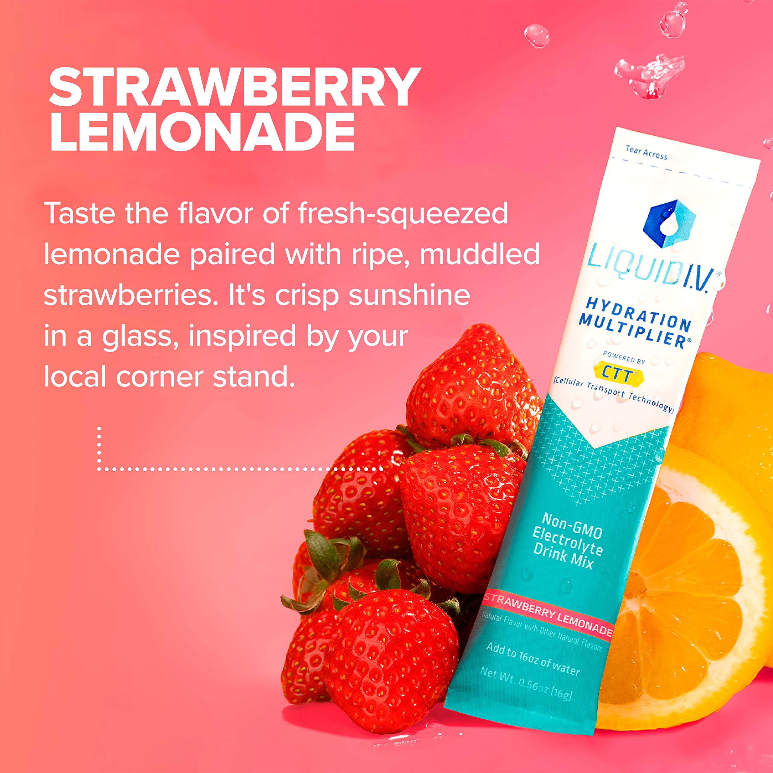 Liquid I.V. Hydration Multiplier - Strawberry Lemonade - Hydration Powder Packets | Electrolyte Drink Mix | Easy Open Single-Serving Stick | Non-GMO |16 Sticks