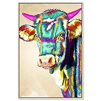 Country Farmhouse Canvas Print Painting Animal Wall Art 'Fun Colorful Glam Farm Cow' Champagne Framed Canvas Rustic Home Décor 10x15 in Green, Pink by Oliver Gal