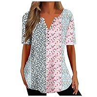 Tops for Women Casual Summer Short Sleeve v Neck Tunic Floral Printed Loose Comfy Button Up Shirt Blouses