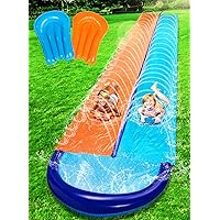 Sloosh 32.5ft Double Water Slides, Heavy Duty Lawn Water Slide with Sprinkler and 2 Inflatable Boards Slip Backyard Yard Lawn Summer Outdoor Water Toy for Kids Adults