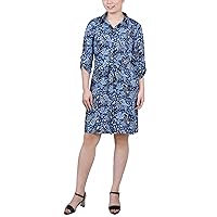 Petite 3/4-Sleeve Printed Shirt Dress Blue Paismaze PS