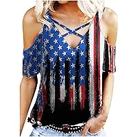USA Flag Shirt Women V Neck Shirts 4th of July T-Shirt Stars Stripes Top Criss Cross Cold Shoulder Loose Tshirt