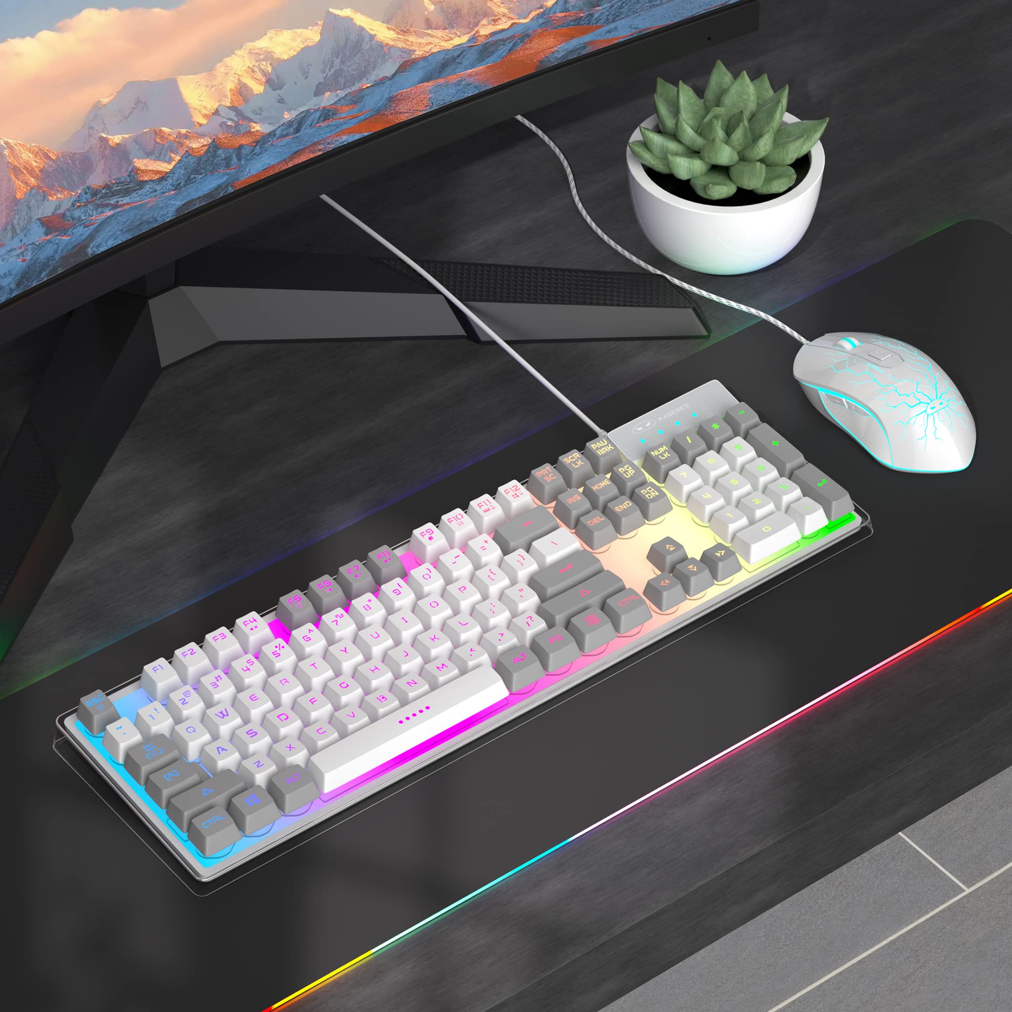 MageGee Gaming Keyboard and Mouse Combo, K1 LED Rainbow Backlit Keyboard with 104 Key Computer PC Gaming Keyboard for PC/Laptop(Gray & White)
