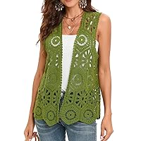 Women's Crochet Vest Sleeveless Boho Lace Cardigan (Geometry Olive)