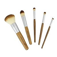 Makeup Brushes, Natural Bamboo Handles, Includes Five Brushes: Powder Foundation and Liquid Foundation Brush, Eyeshadow Brush, Smudge Brush, Angled Eyeliner Brush, 11 x 1.3 x 7, 5 PC