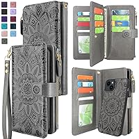 Harryshell Compatible with iPhone 13 / iPhone 14 6.1 inch 5G Wallet Case Detachable Magnetic Cover Zipper Cash Pocket Multi Card Slots Holder Wrist Strap Lanyard Floral Flower (Gray)